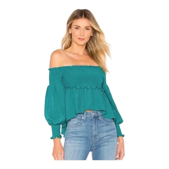 X Revolve Off The Shoulder Blouse in Emerald - For Love and Lemons - Picture 1 of 8